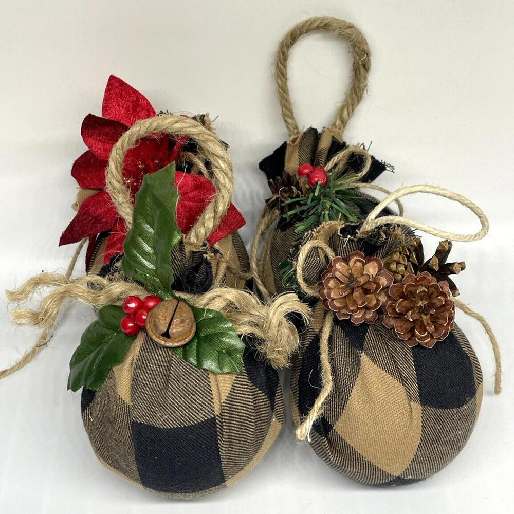 Rustic Farmhouse Flannel‎ Fabric Black Tan Christmas Ornaments 3.5" LOT of 4